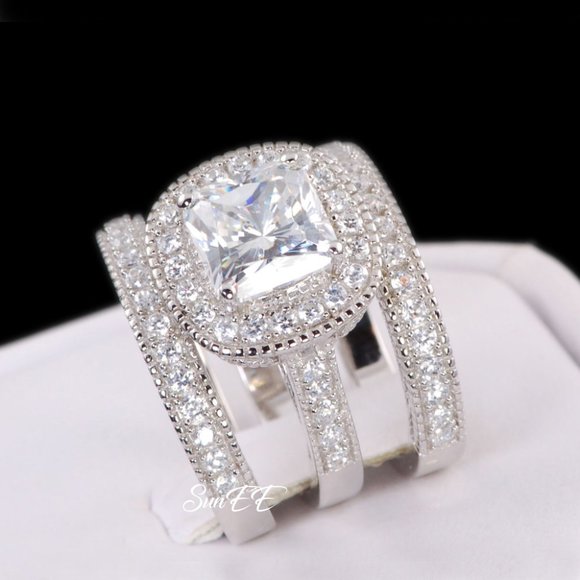 New 925 Halo Cushion Cut Wedding Rings Engagement Ring Set - Picture 2 of 5